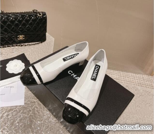 Charming Chanel Patent Calfskin Leather Pumps 5cm White/Black 1213013