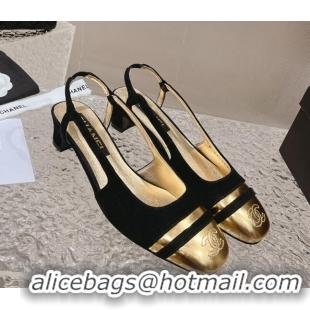 Perfect Chanel Suede & Metallic Calfskin Slingback Pumps 5cm Black 1213014