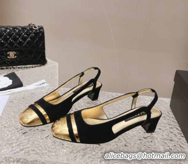 Perfect Chanel Suede & Metallic Calfskin Slingback Pumps 5cm Black 1213014