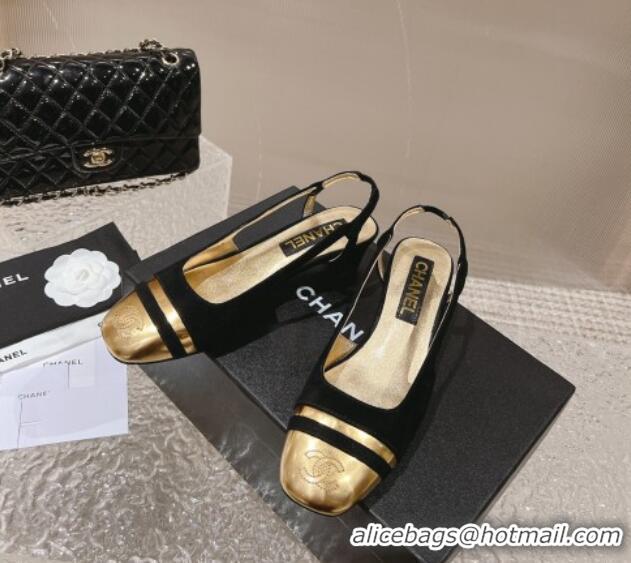 Perfect Chanel Suede & Metallic Calfskin Slingback Pumps 5cm Black 1213014