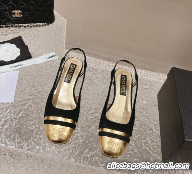 Perfect Chanel Suede & Metallic Calfskin Slingback Pumps 5cm Black 1213014