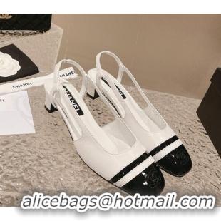 Charming Chanel Patent Calfskin Slingback Pumps 5cm White/Black 1213016