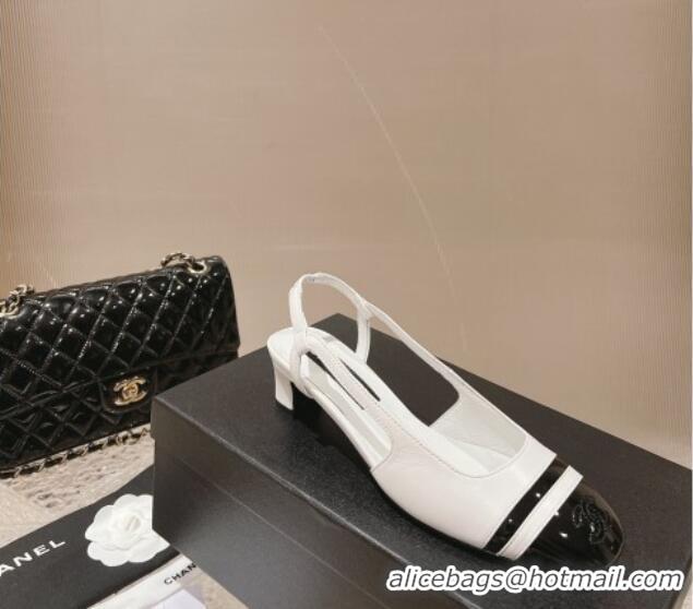 Charming Chanel Patent Calfskin Slingback Pumps 5cm White/Black 1213016