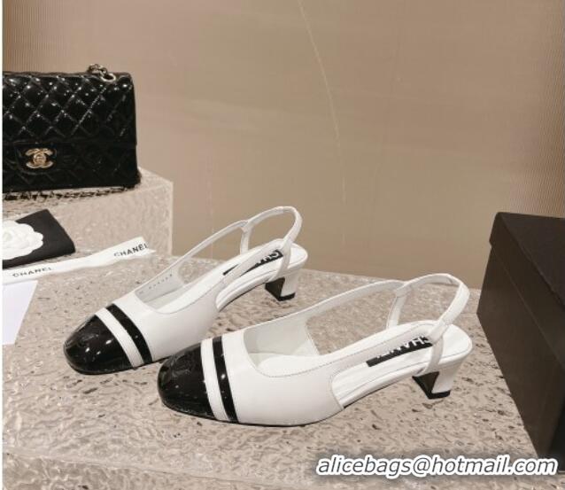 Charming Chanel Patent Calfskin Slingback Pumps 5cm White/Black 1213016