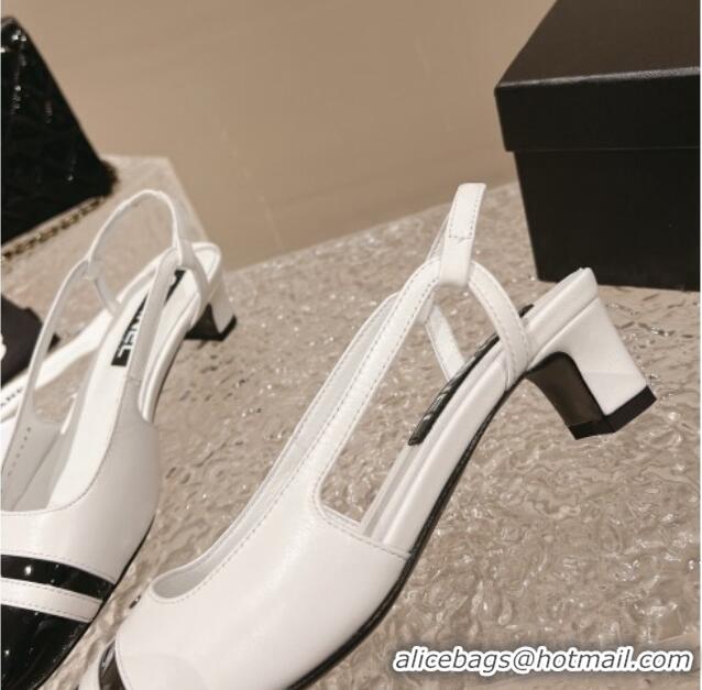 Charming Chanel Patent Calfskin Slingback Pumps 5cm White/Black 1213016