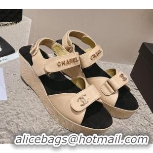 Top Grade Chanel Calfskin Platform Sandals 5.5cm/7cm Beige 1213018