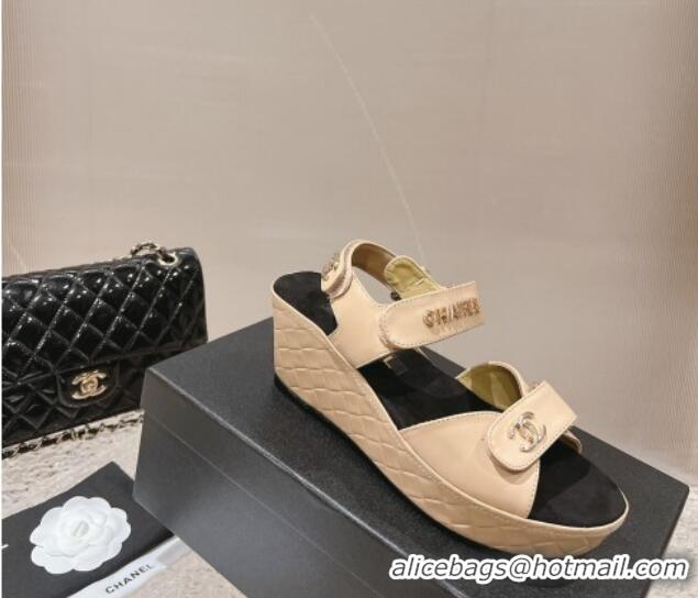 Top Grade Chanel Calfskin Platform Sandals 5.5cm/7cm Beige 1213018