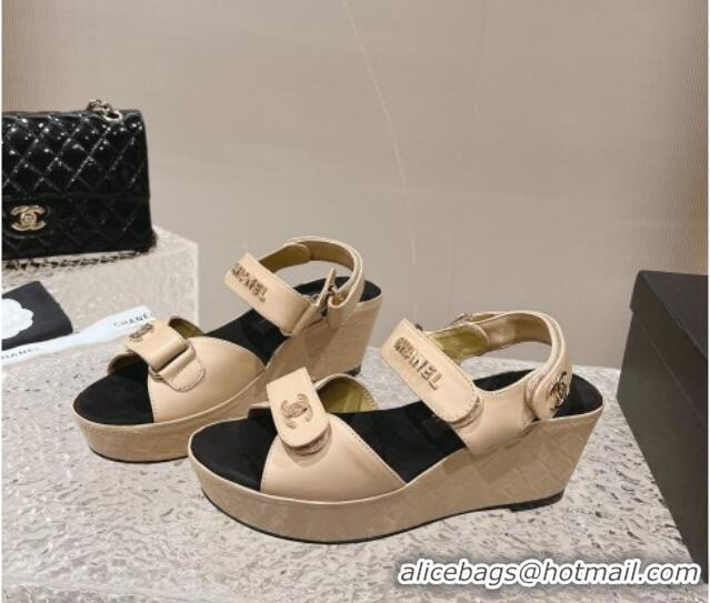 Top Grade Chanel Calfskin Platform Sandals 5.5cm/7cm Beige 1213018