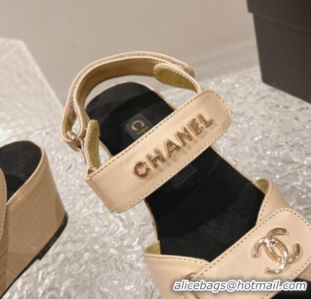 Top Grade Chanel Calfskin Platform Sandals 5.5cm/7cm Beige 1213018