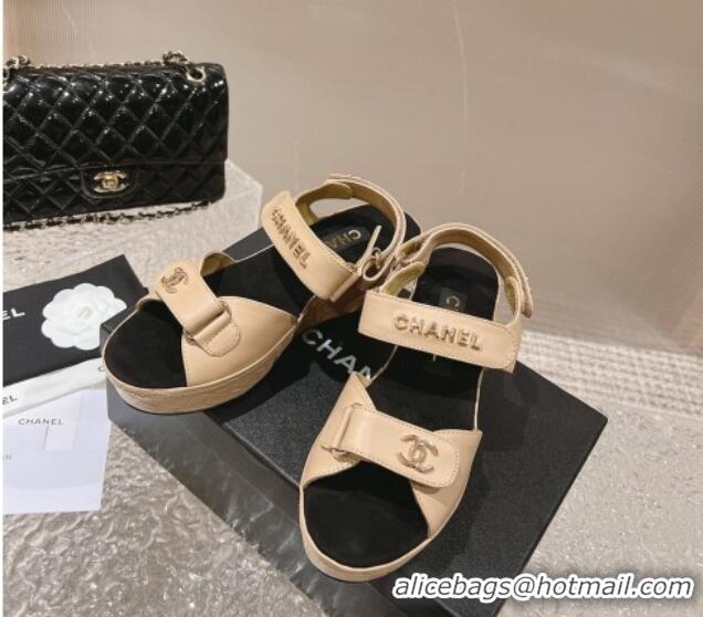 Top Grade Chanel Calfskin Platform Sandals 5.5cm/7cm Beige 1213018