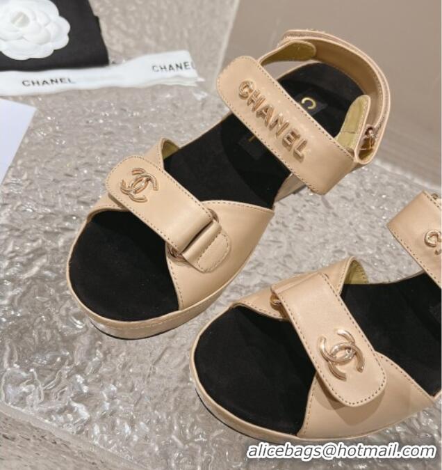 Top Grade Chanel Calfskin Platform Sandals 5.5cm/7cm Beige 1213018