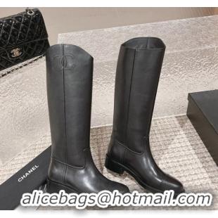 Good Taste Chanel Calfskin High Boots 4.5cm with Side CC Black 213020