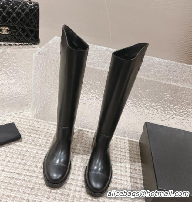 Good Taste Chanel Calfskin High Boots 4.5cm with Side CC Black 213020