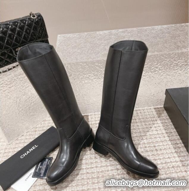 Good Taste Chanel Calfskin High Boots 4.5cm with Side CC Black 213020