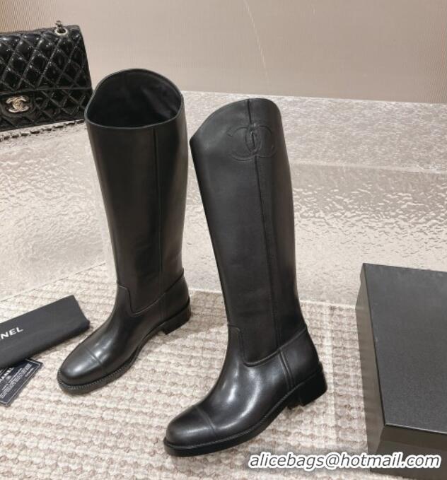 Good Taste Chanel Calfskin High Boots 4.5cm with Side CC Black 213020