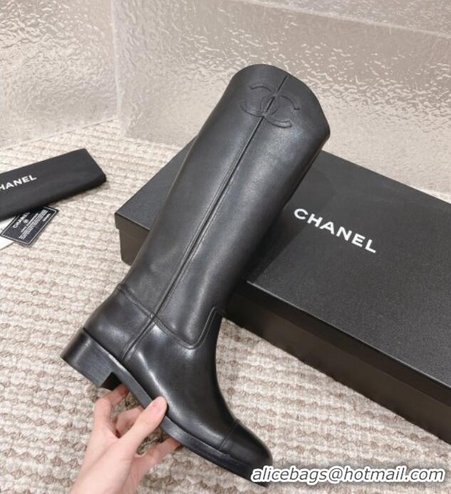 Good Taste Chanel Calfskin High Boots 4.5cm with Side CC Black 213020