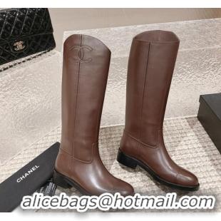 Trendy Design Chanel Calfskin High Boots 4.5cm with Side CC Brown 1213021