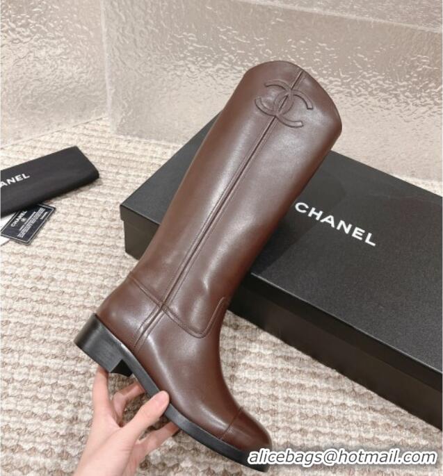 Trendy Design Chanel Calfskin High Boots 4.5cm with Side CC Brown 1213021