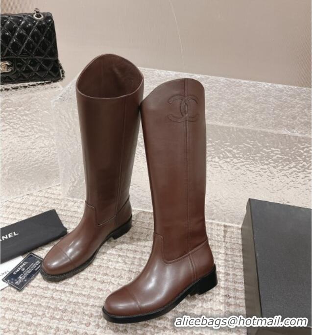 Trendy Design Chanel Calfskin High Boots 4.5cm with Side CC Brown 1213021