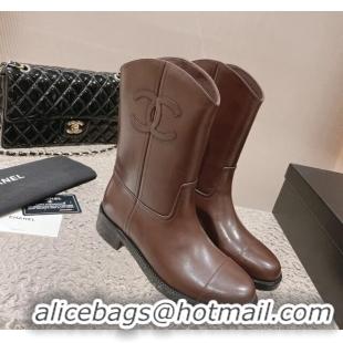 Purchase Chanel Calfskin Ankle Boots 4.5cm with Side CC Brown 213023