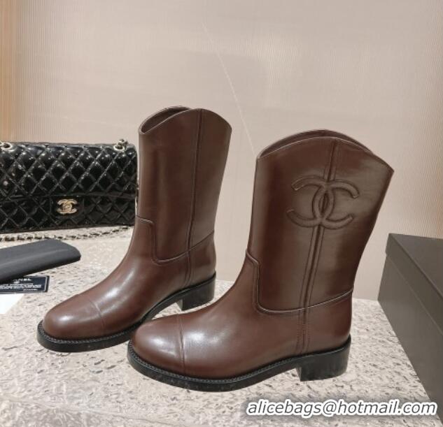 Purchase Chanel Calfskin Ankle Boots 4.5cm with Side CC Brown 213023