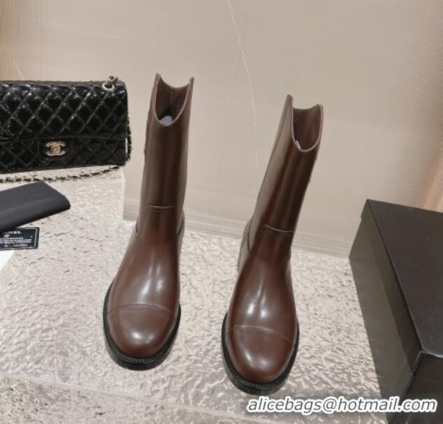 Purchase Chanel Calfskin Ankle Boots 4.5cm with Side CC Brown 213023