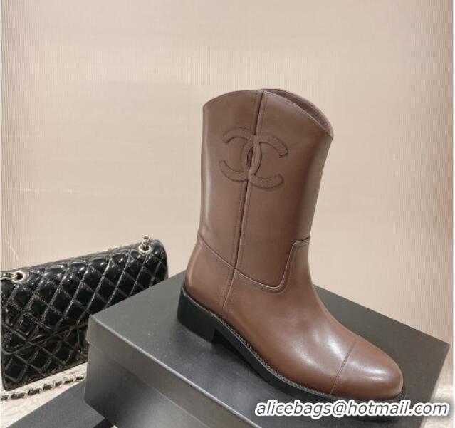 Purchase Chanel Calfskin Ankle Boots 4.5cm with Side CC Brown 213023