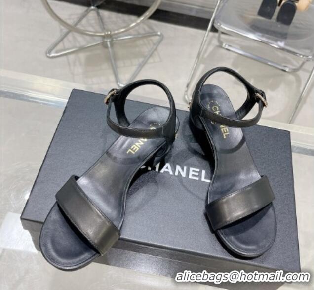 Popular Style Chanel Calfskin Heel Sandals with Back Signature Black 1213025