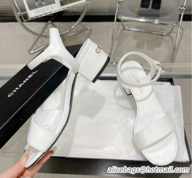 Low Cost Chanel Calfskin Heel Sandals with Back Signature White 1213028