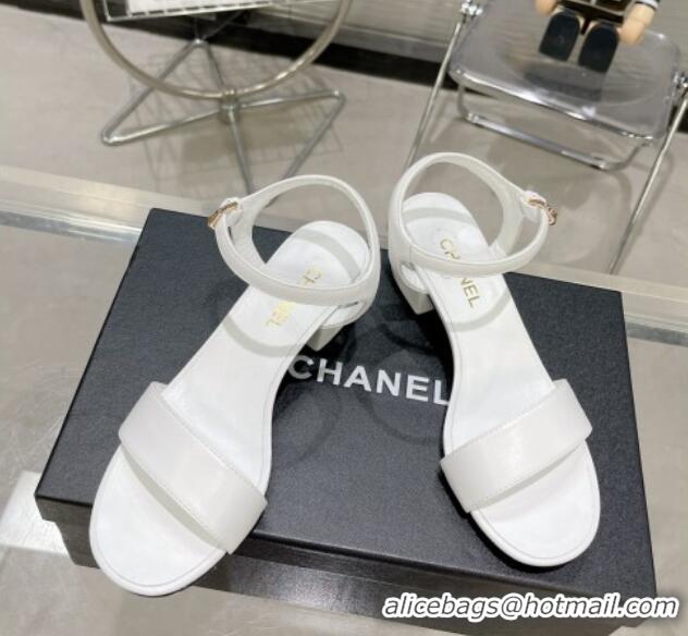 Low Cost Chanel Calfskin Heel Sandals with Back Signature White 1213028