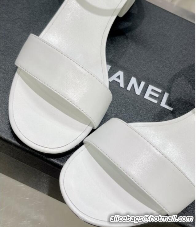 Low Cost Chanel Calfskin Heel Sandals with Back Signature White 1213028