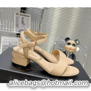 Good Quality Chanel Calfskin Heel Sandals with Back Signature Beige 213029