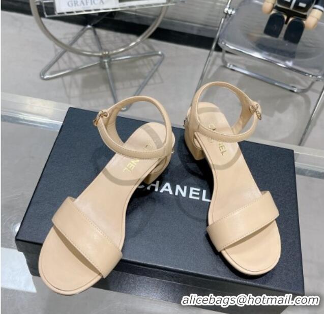 Good Quality Chanel Calfskin Heel Sandals with Back Signature Beige 213029