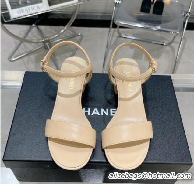 Good Quality Chanel Calfskin Heel Sandals with Back Signature Beige 213029