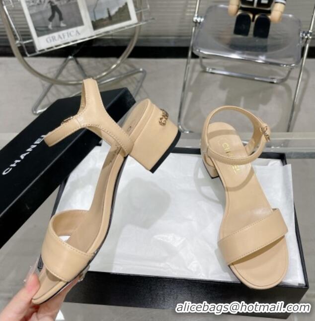 Good Quality Chanel Calfskin Heel Sandals with Back Signature Beige 213029