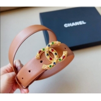 ​Good Taste Chanel Calfskin Belt 3cm with Stone CC C0131 Apricot