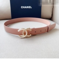 ​Popular Style Chanel Smooth Leather Belt with Pearl CC Buckle 30mm CH8233 Pink/Gold 2023