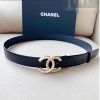 ​Shop Grade Chanel Smooth Leather Belt with Pearl CC Buckle 30mm CH8233 Black/Gold 2023