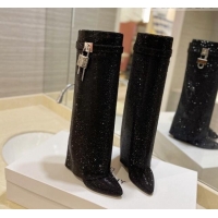 Good Quality Givenchy Shark Lock Wedge High Boots 9cm with Allover Crystals Black 923008