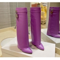 Popular Style Givenchy Shark Lock Wedge High Boots 9cm in Leather Purple 923029