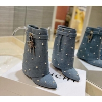 Top Design Givenchy Shark Lock Wedge Ankle Boots 9cm in Washed Denim with Pearls Blue 923037