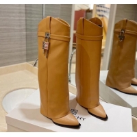 Buy Duplicate Givenchy Shark Lock Wedge High Boots 8.5cm in Calf Leather Camel Brown 923048