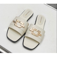 Duplicate Salvatore Ferragamo Logo Leather Flat Slide Sandals White 104029