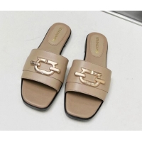 Good Quality Salvatore Ferragamo Logo Leather Flat Slide Sandals Beige 104030