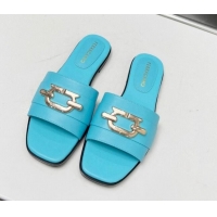 Sumptuous Salvatore Ferragamo Logo Leather Flat Slide Sandals Light Blue 104031