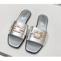 Grade Quality Salvatore Ferragamo Logo Leather Flat Slide Sandals Silver 104032