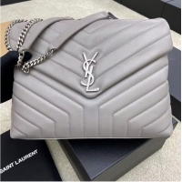 Buy Inexpensive SAINT LAURENT Loulou Monogram Large quilted leather shoulder bag 392288 Light Gray Sliver-Tone