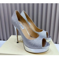 Classic Hot Jimmy Choo Glitter High Heel Platform Pumps 13cm with Open Toe Silver 025115