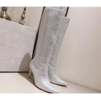 Unique Style Jimmy Choo Crystals Allover Knee High Boots 8.5cm Silver 104046