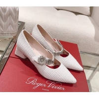 Low Price Roger Vivier Bouquet Flower Babies Pumps in White Tweed 4.5cm Heel 392211